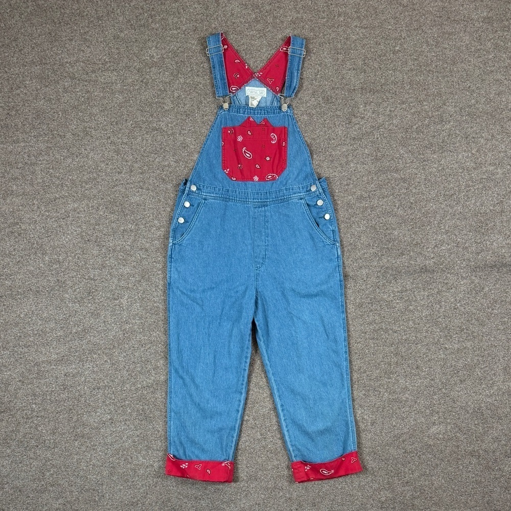 Vintage Blue Denim Bib Overalls Womens M Red Paisley Bandana Accent Farmhouse